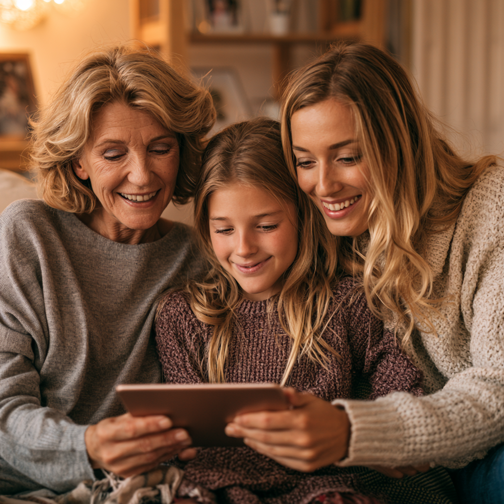 Three generations of a family sitting together and talking