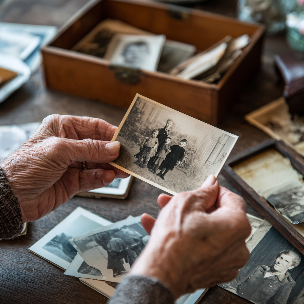 An elderly woman and her grandson holding an old black-and-white family photograph at a kitchen table