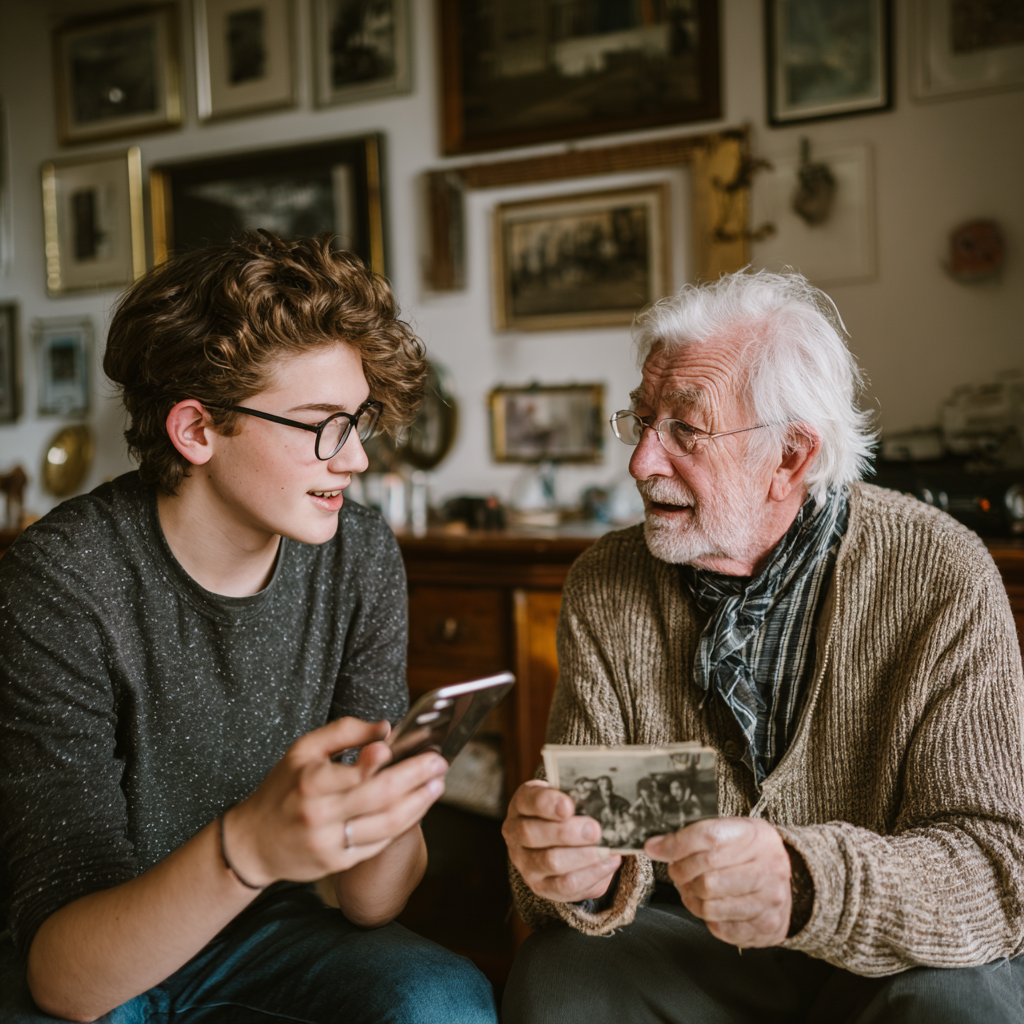 A grandson recording his grandfather on a phone as he tells the story behind a photograph