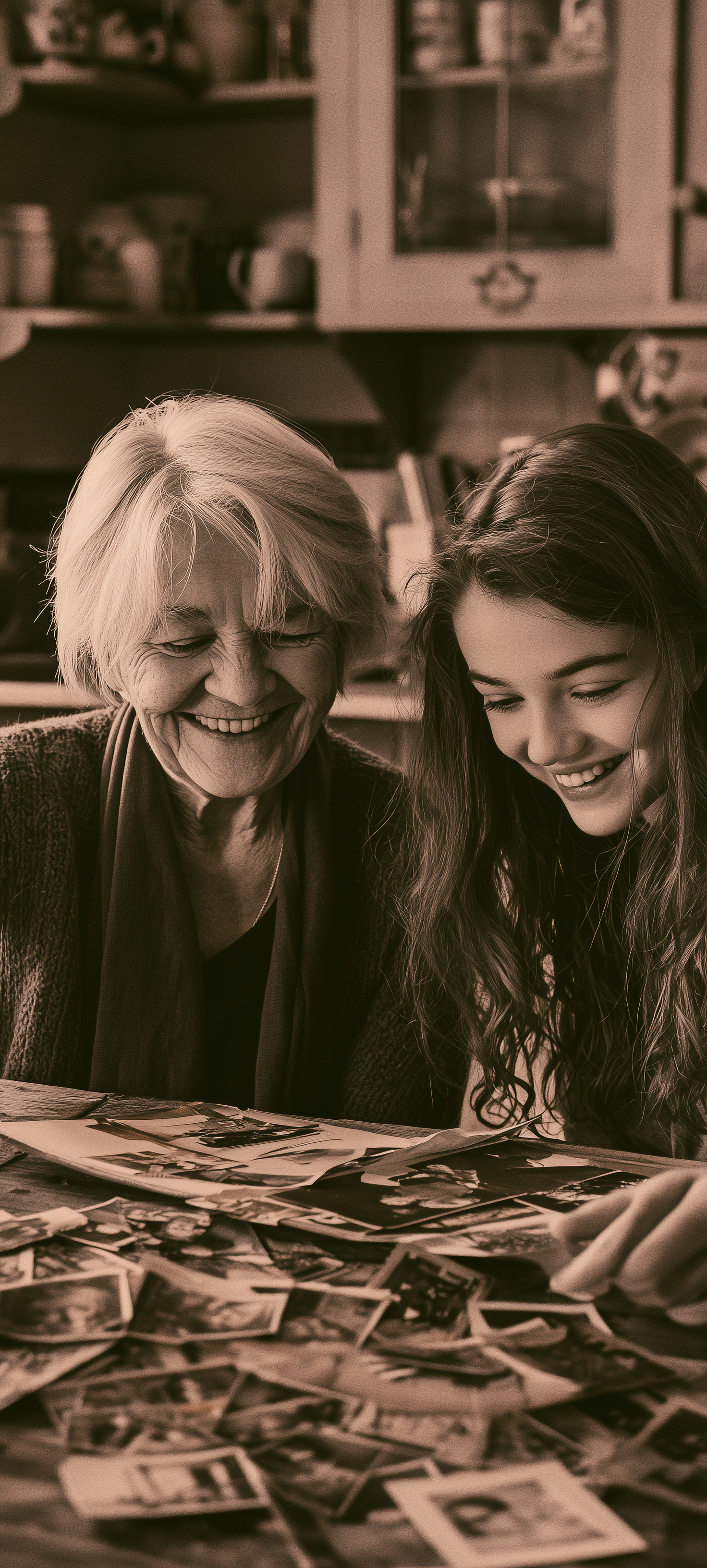 An elderly woman and a young relative looking through an old photo album together at a table